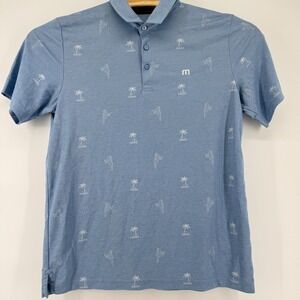 TravisMathew Polo Shirt Mens L Blue Tropical Palm Tree Parrot Performance Golf